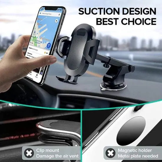 Telefoonhouder auto – Zuignap Dashboard/Raam – Klembevestiging – 360° Draaibaar – Zwart-Ilumina Benelux