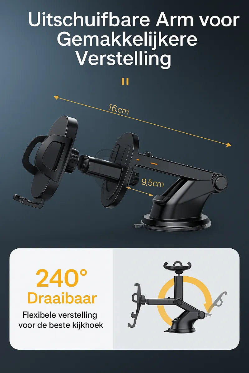 Telefoonhouder auto – Zuignap Dashboard/Raam – Klembevestiging – 360° Draaibaar – Zwart-Ilumina Benelux