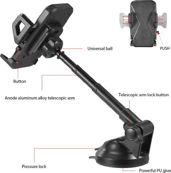 Telefoonhouder auto – Zuignap Voorruit/Dashboard/Bureau – 360° draaibaar – Voor smartphones 4-6,9 inch – Zwart-Ilumina Benelux