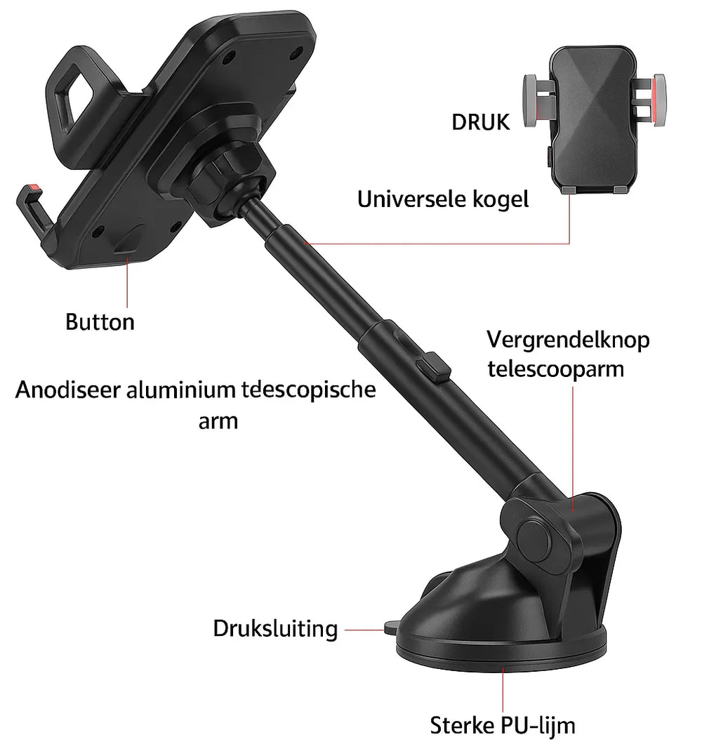 Telefoonhouder auto – Zuignap Voorruit/Dashboard/Bureau – 360° draaibaar – Voor smartphones 4-6,9 inch – Zwart-Ilumina Benelux