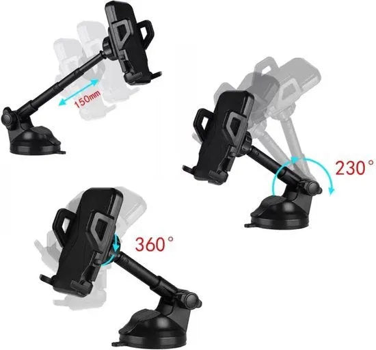 Telefoonhouder auto – Zuignap Voorruit/Dashboard/Bureau – 360° draaibaar – Voor smartphones 4-6,9 inch – Zwart-Ilumina Benelux