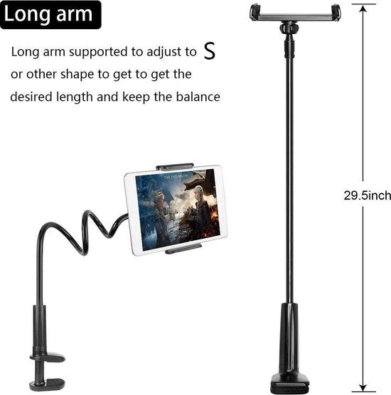 Telefoonhouder bed – Zwanenhals Tablethouder – 95cm Flexibele Arm – 360° Verstelbare Klem – Zwart-Ilumina Benelux