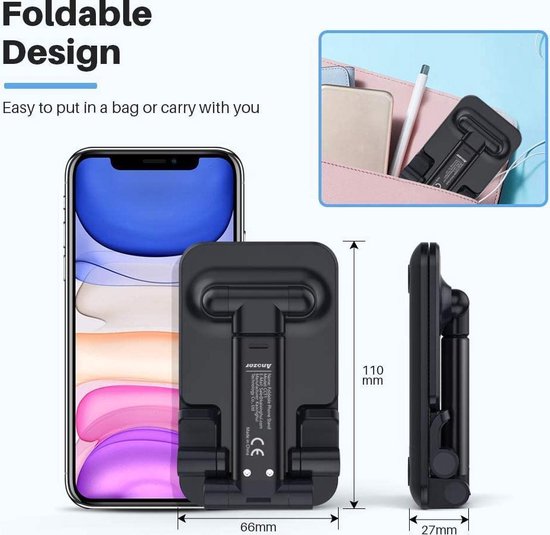 Telefoonhouder bureau – Opvouwbare verstelbare standaard 4-13 inch – Anti-slip pocketformaat – Geschikt voor iPhone/iPad/Samsung – Zwart-Ilumina Benelux