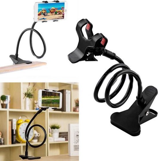 Telefoonhouder bureau – Zwanenhals met klem – Flexibele arm voor bed & tafel – Universeel smartphonehouder – Zwart-Ilumina Benelux