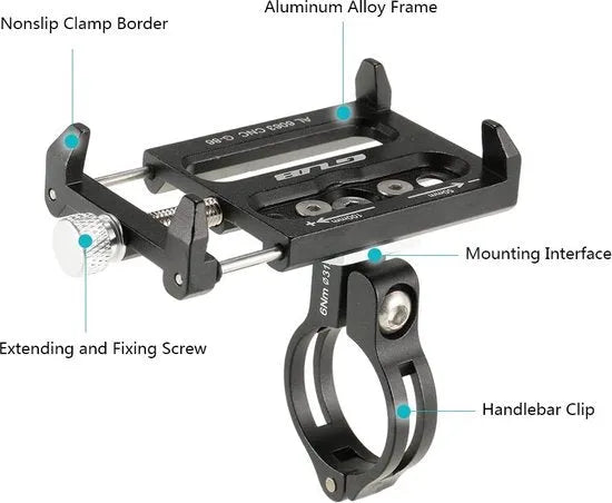 Telefoonhouder fiets – Aluminium stuur- en spiegelmontage – Voor fiets motor scooter brommer – Stevig klem – Zwart-Ilumina Benelux