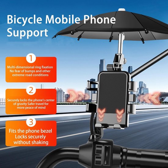 Telefoonhouder fiets – Universele gsm houder met zonneklep – Verstelbare telefoonstandaard – Stevige klem – Zwart-Ilumina Benelux