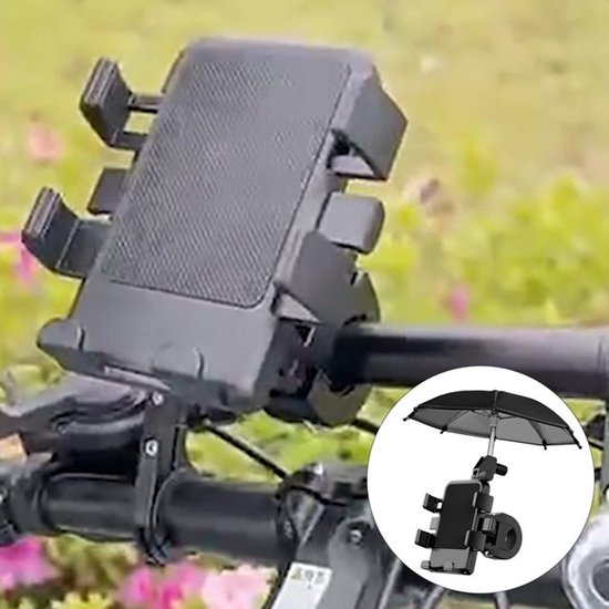 Telefoonhouder fiets – Universele gsm houder met zonneklep – Verstelbare telefoonstandaard – Stevige klem – Zwart-Ilumina Benelux