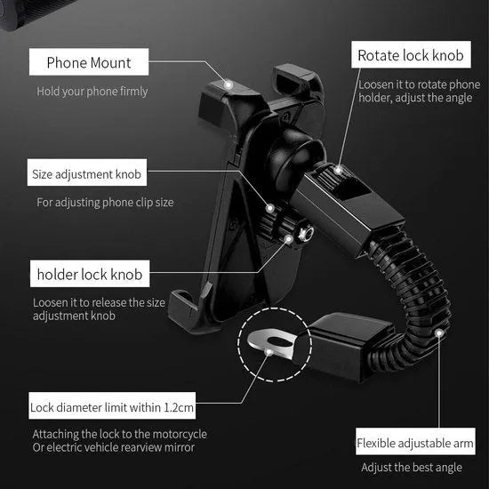 Telefoonhouder motor – Spiegelmontage – Universeel voor smartphone – 360° draaibaar – Zwart-Ilumina Benelux