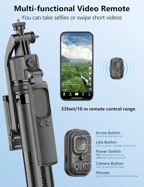 Telefoonstatief – Auto Face Tracking 360° Rotatie – Selfie Stick Quadrapod Aluminium – Afstandsbediening – Zwart-Selfiesticks-Ilumina Benelux