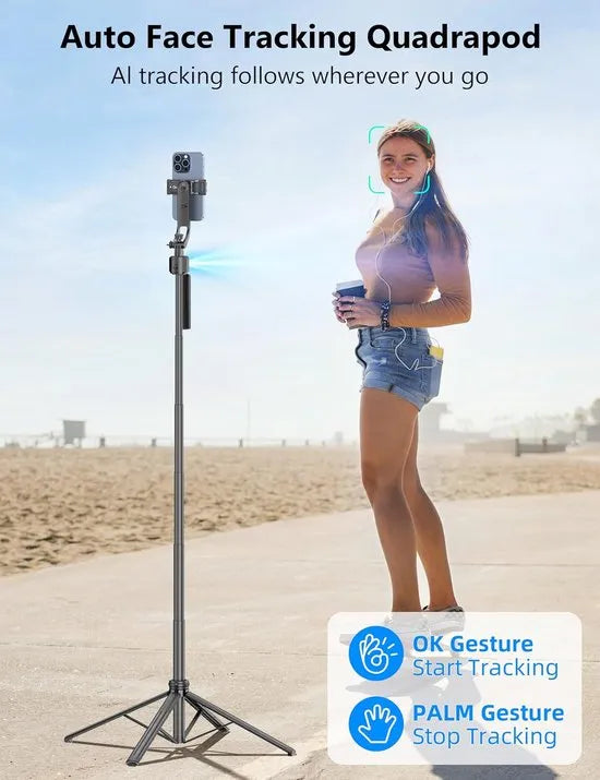 Telefoonstatief – Auto Face Tracking 360° Rotatie – Selfie Stick Quadrapod Aluminium – Afstandsbediening – Zwart-Selfiesticks-Ilumina Benelux
