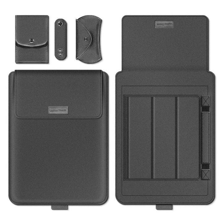 Laptop sleeve 13-14 inch - PU leren laptoptas - Ergonomische standaard - Muismat & accessoirevakken - Zwart-Ilumina Benelux