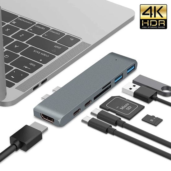 USB-C Hub 7-in-1 – Geschikt voor MacBook Pro/Air M1/M2 – HDMI 4K – Thunderbolt 3 – USB 3.0 – SD/MicroSD – Aluminium Zilver-Ilumina Benelux