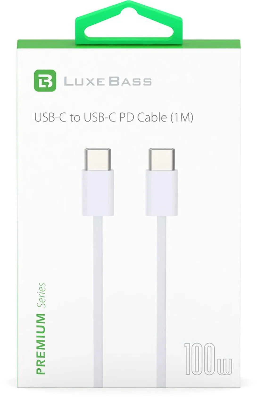 Groen-witte verpakking van witte USB-C-naar-USB-C-kabel