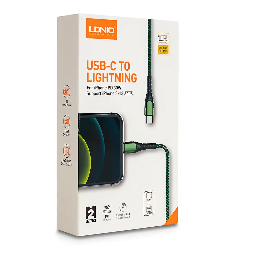 LDNIO LC112 USB-C naar Lightning Kabel – 2 Meter – 30W Fast Charging Touw Kabel – Grijs-Ilumina Benelux