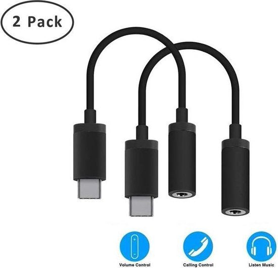 USB-C naar 3,5 mm hoofdtelefoonadapter – Audio jack converter – 2 stuks – Zwart-Ilumina Benelux