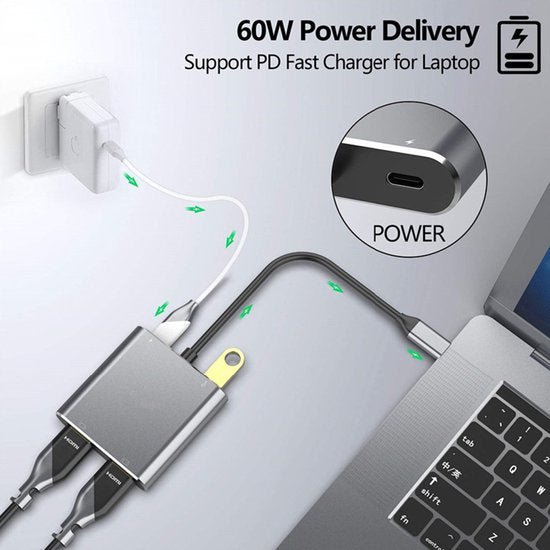 USB-C naar Dual HDMI Adapter – 4-in-1 Multiport Hub – 2x 4K HDMI – USB 3.0 & PD Opladen – Grijs-Ilumina Benelux