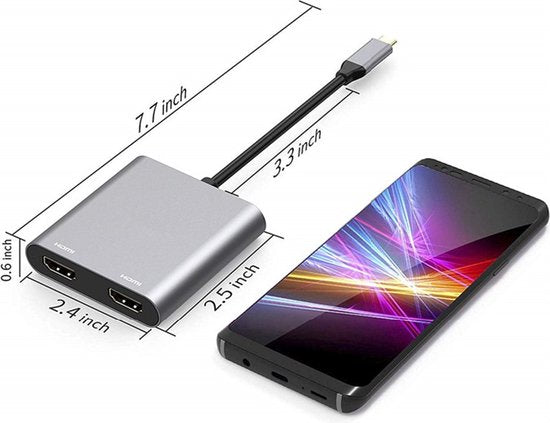 USB-C naar Dual HDMI Adapter – 4-in-1 Multiport Hub – 2x 4K HDMI – USB 3.0 & PD Opladen – Grijs-Ilumina Benelux