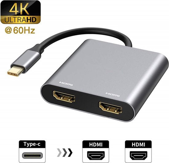 USB-C naar Dual HDMI Adapter – 4-in-1 Multiport Hub – 2x 4K HDMI – USB 3.0 & PD Opladen – Grijs-Ilumina Benelux