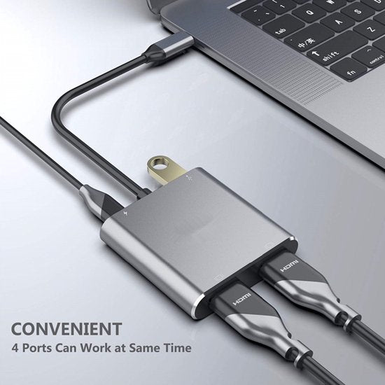 USB-C naar Dual HDMI Adapter – 4-in-1 Multiport Hub – 2x 4K HDMI – USB 3.0 & PD Opladen – Grijs-Ilumina Benelux