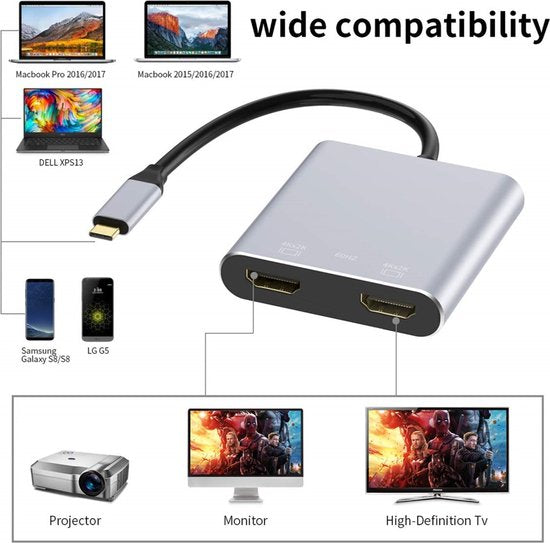 USB-C naar Dual HDMI Adapter – 4-in-1 Multiport Hub – 2x 4K HDMI – USB 3.0 & PD Opladen – Grijs-Ilumina Benelux