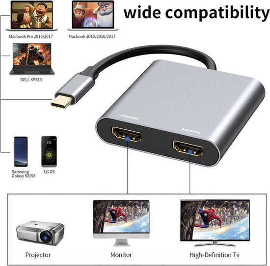 USB-C naar Dual HDMI Adapter – 4-in-1 Multiport Hub – 2x 4K HDMI – USB 3.0 & PD Opladen – Grijs-Ilumina Benelux