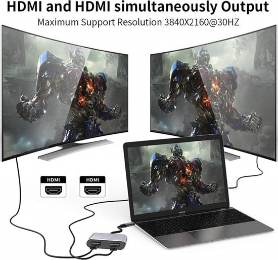 USB-C naar Dual HDMI Adapter – 4-in-1 Multiport Hub – 2x 4K HDMI – USB 3.0 & PD Opladen – Grijs-Ilumina Benelux