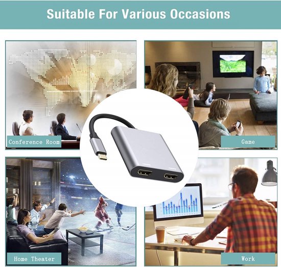 USB-C naar Dual HDMI Adapter – 4-in-1 Multiport Hub – 2x 4K HDMI – USB 3.0 & PD Opladen – Grijs-Ilumina Benelux