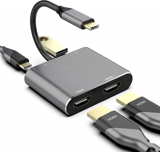 USB-C naar Dual HDMI Adapter – 4-in-1 Multiport Hub – 2x 4K HDMI – USB 3.0 & PD Opladen – Grijs-Ilumina Benelux