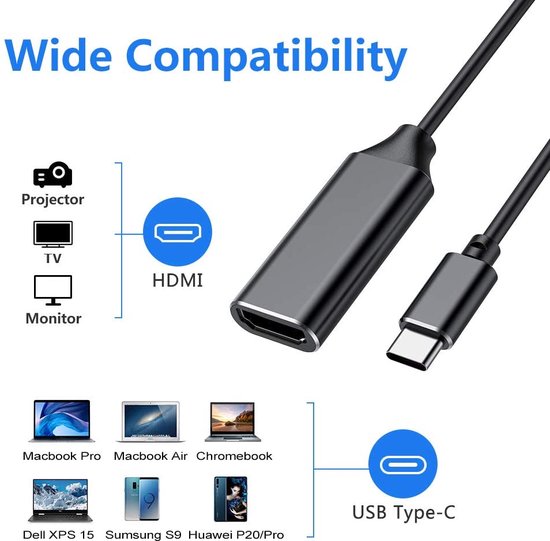 USB-C naar HDMI Adapter – 4K UHD – Thunderbolt 3 – Geschikt voor MacBook, iPad Pro, Surface, Chromebook – Zwart-Ilumina Benelux