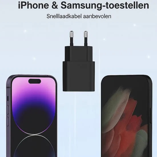 USB-C Oplader – 25W Snellader + 2M USB-C Kabel – Geschikt voor iPhone 15/16 & Samsung Galaxy S25/S24 – Zwart-Oplader-Ilumina Benelux