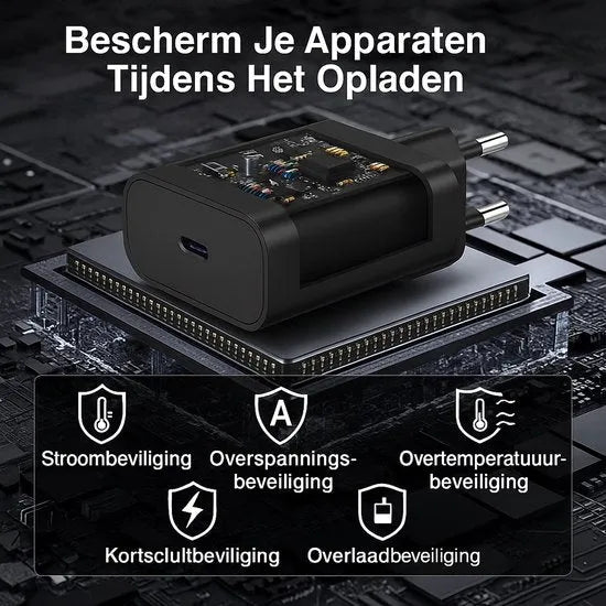 USB-C Oplader – 25W Snellader + 2M USB-C Kabel – Geschikt voor iPhone 15/16 & Samsung Galaxy S25/S24 – Zwart-Oplader-Ilumina Benelux
