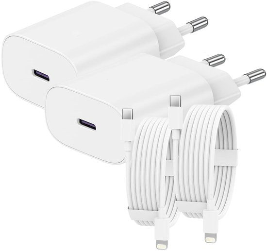 USB-C Oplader 25W – Snellader met 3M USB-C Kabel – 2-Pack – Geschikt voor iPhone 14/13/12/11/XR/XS/8 – Wit-Oplader-Ilumina Benelux