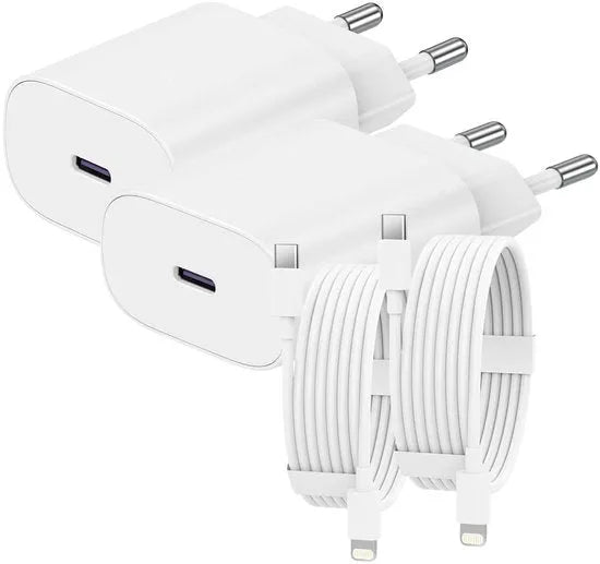 USB-C Oplader 25W – Snellader met 3M USB-C Kabel – 2-Pack – Geschikt voor iPhone 14/13/12/11/XR/XS/8 – Wit-Oplader-Ilumina Benelux