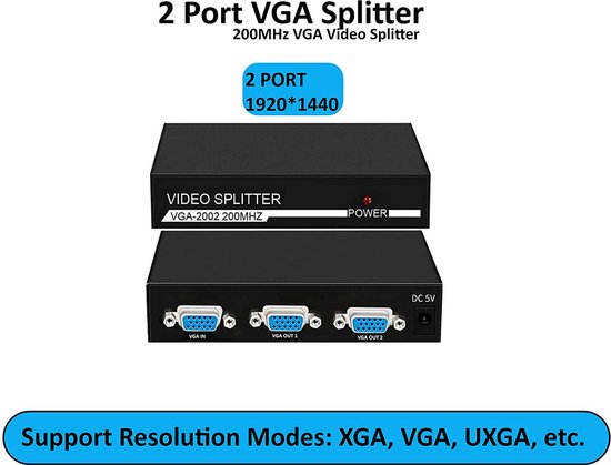 VGA Splitter – 1-in-2 Kabelverdeler voor 2 Monitoren – 1920x1440 200MHz – Incl. Voeding – Zwart-HDMI-switch-Ilumina Benelux
