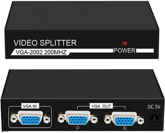 VGA Splitter – 1-in-2 Kabelverdeler voor 2 Monitoren – 1920x1440 200MHz – Incl. Voeding – Zwart-HDMI-switch-Ilumina Benelux