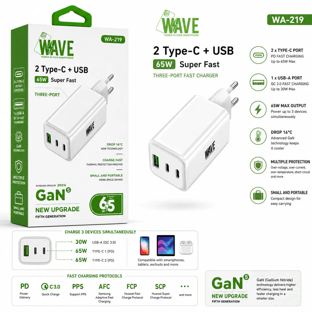 GaN 65W Snellader met 2x USB-C + USB-A-Ilumina Benelux