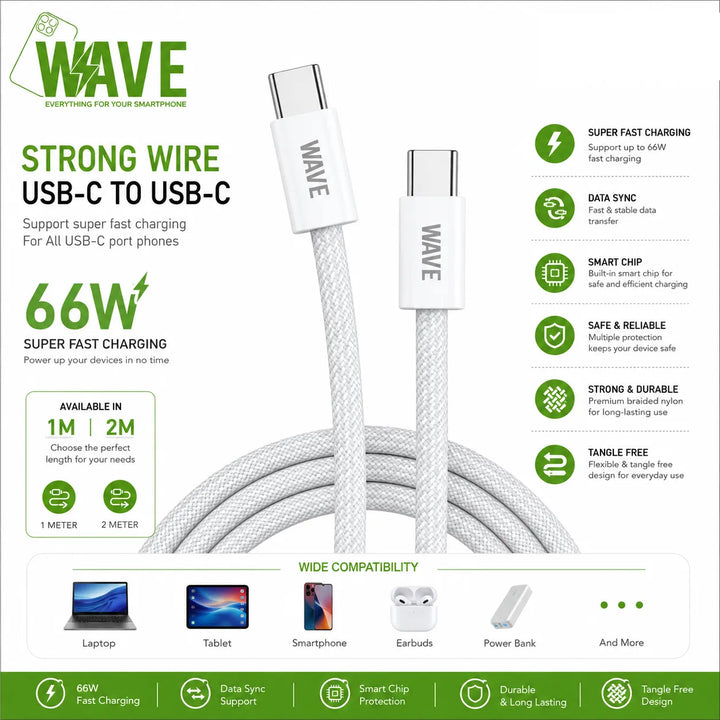 USB-C naar USB-C Kabel 66W Snellaadkabel Gevlochten Nylon 2 Meter Wit-Ilumina Benelux