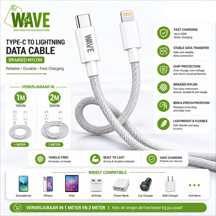 USB-C naar Lightning Kabel 2 Meter Wit – Gevlochten Nylon Snellaadkabel 27W-Ilumina Benelux