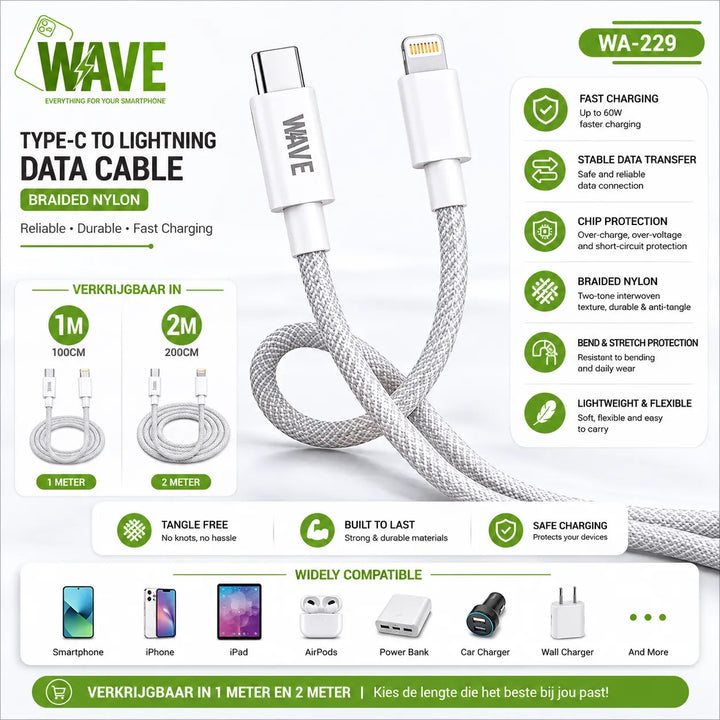 USB-C naar Lightning Kabel 1 Meter Wit – Gevlochten Nylon Snellaadkabel 27W-Ilumina Benelux