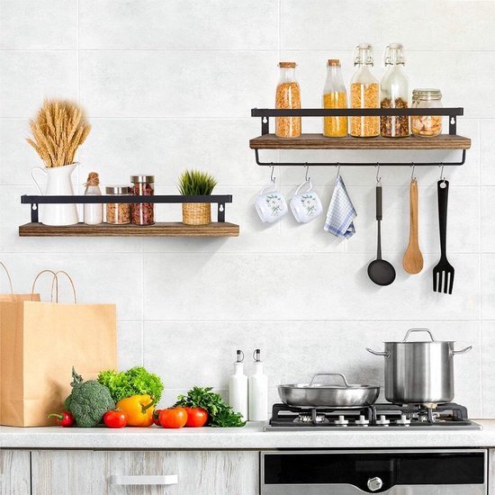 Wandrek keuken – Industrieel zwevend rek – Kruidenrek met 8 afneembare haken – Handdoekhouder – Zwart-Ilumina Benelux
