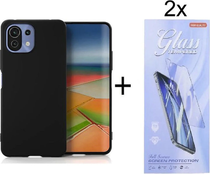 Xiaomi 11 Lite 4G/5G Hoesjes – Siliconen Backcover – Inclusief 2x Screenprotector Gehard Glas – Zwart-Ilumina Benelux
