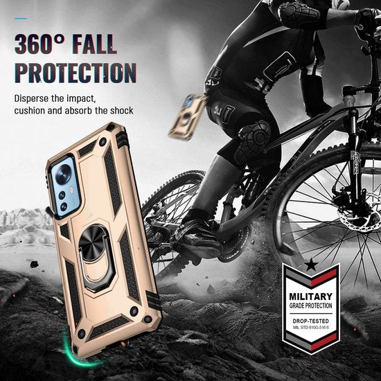 Xiaomi 12/12X Hoesjes – Ring Armor Backcover – 360° Draaibare Standaard – Magneet – Goud-Ilumina Benelux