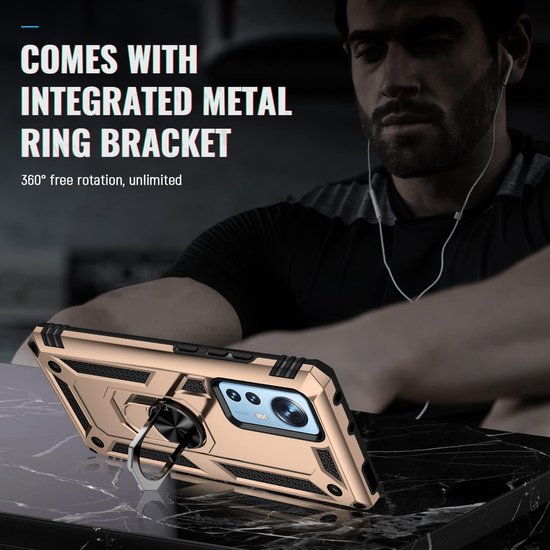 Xiaomi 12/12X Hoesjes – Ring Armor Backcover – 360° Draaibare Standaard – Magneet – Goud-Ilumina Benelux