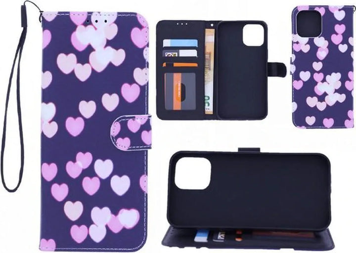 Xiaomi Mi 11 Lite Hoesjes – Bookcase – Print Hearts – Magneetsluiting – Roze-Ilumina Benelux