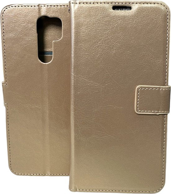 Xiaomi Redmi 9 Hoesjes – Bookcase Portemonnee Hoes – Pasjeshouder – Magneetsluiting – Goud-Ilumina Benelux
