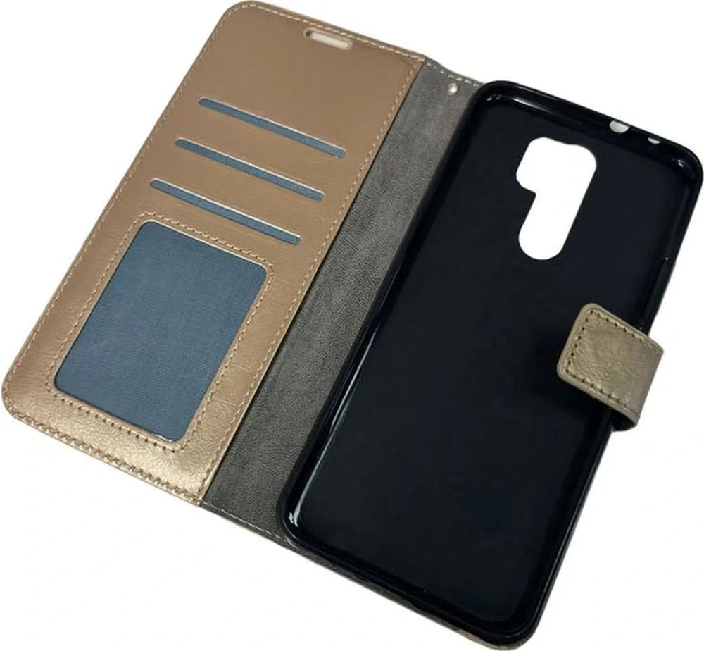 Xiaomi Redmi 9 Hoesjes – Bookcase Portemonnee Hoes – Pasjeshouder – Magneetsluiting – Goud-Ilumina Benelux