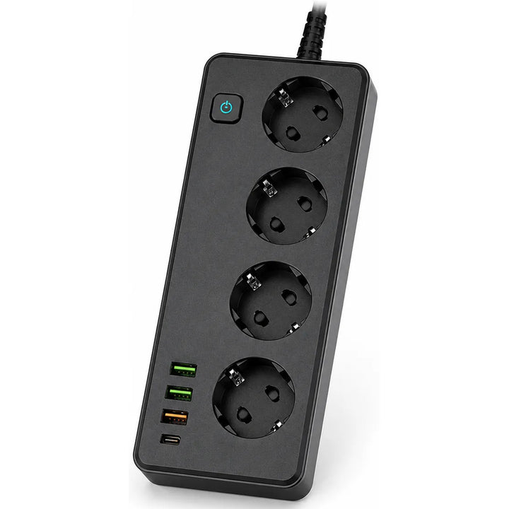 Stekkerdoos 2500W met 4 Stopcontacten, 3x USB-A (18W + QC 3.0) en 1x USB-C PD 30W – 3 Meter Kabel – Zwart-Ilumina Benelux